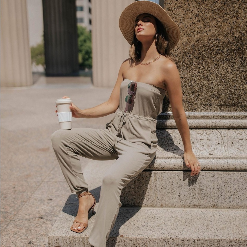 Elegant Beige/olive Strapless Jumpsuit
